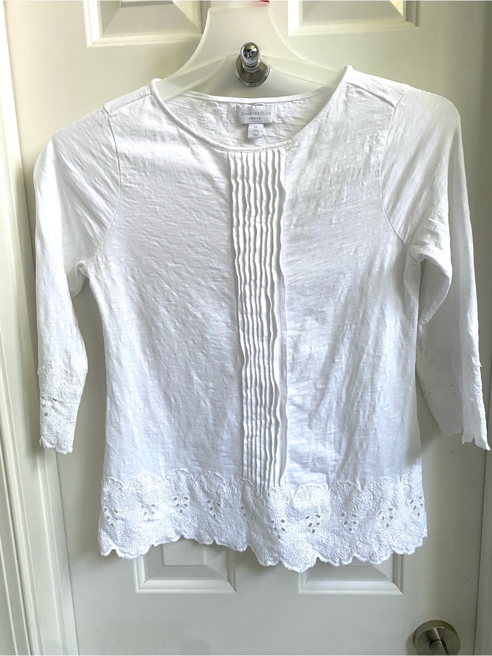 Charter Club White Cotton Pintuck & Eyelet Hem Tunic